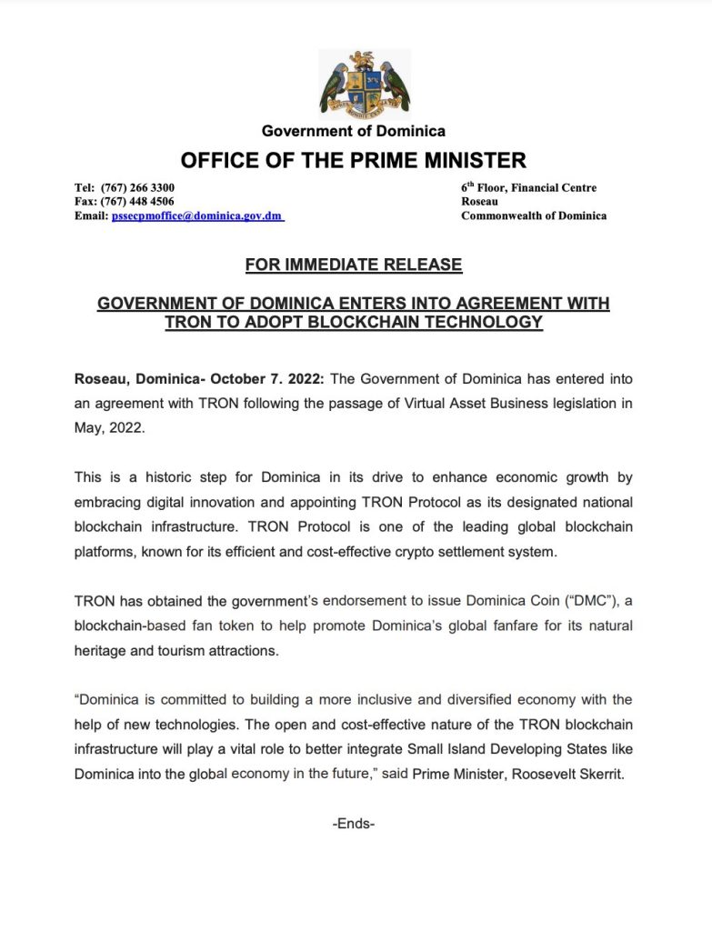 The PM of Dominica announced the country's partnership with TRON. 