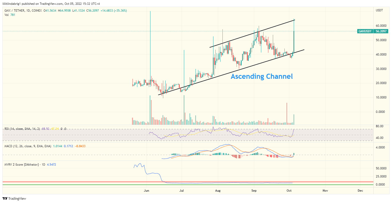 GMX token daily price chart.