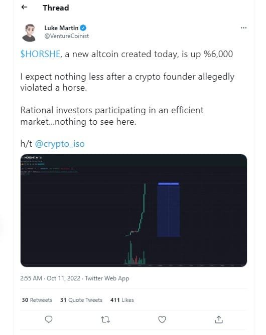 A new meme token HORSHE, created to mock SushiSwap CEO Jared Grey, rallied following the news