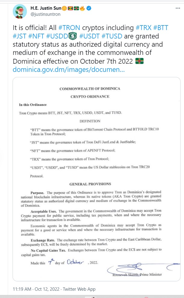 TRON founder Justin Sun confirmed the news of the partnership with Dominica 