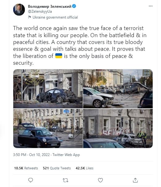 Volodymyr Zelenskyy, the President of Ukraine accused Russia of terrorism as Vladimir Putin ordered new airstrikes 