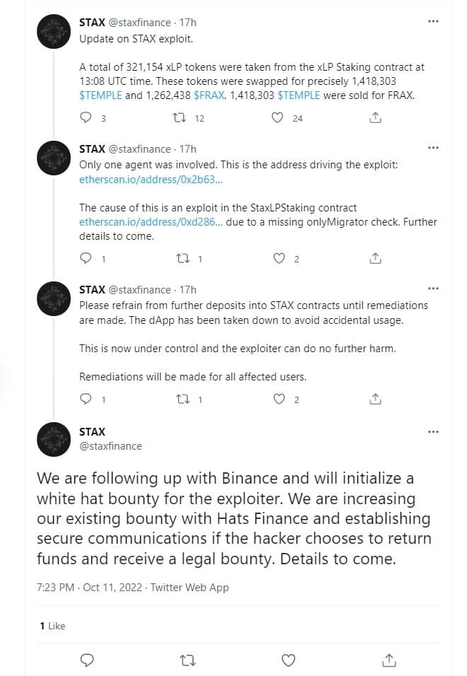 DeFi protocol Temple DAO's Stax. fi was exploited for $2.3 million