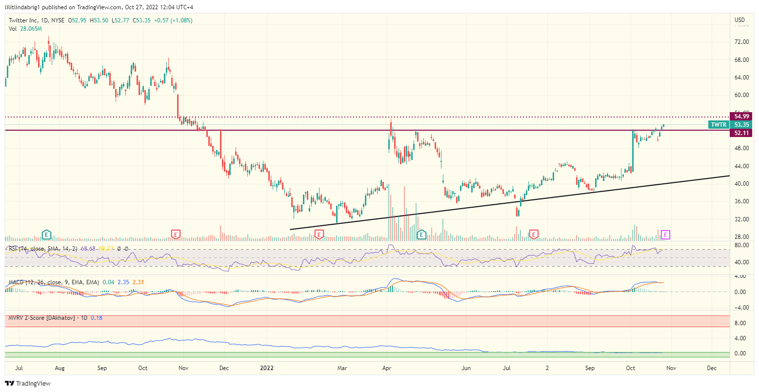 Twitter stock TWTR daily price action chart. 