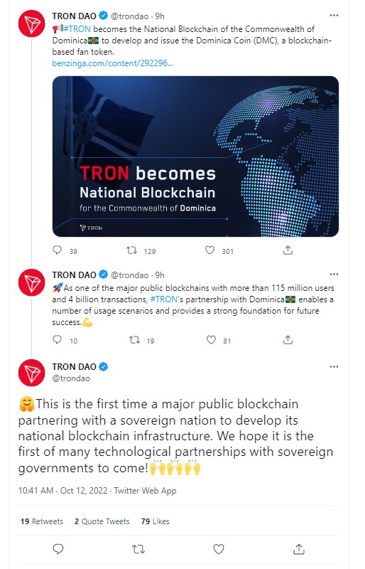 TRON is the first public blockchain to partner with a sovereign nation. through its deal with the Commonwealth of Dominica 