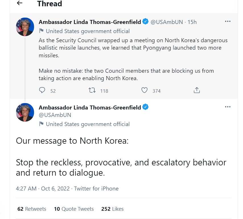 US. Ambassador to the UN also asked her colleagues to speak "with a unified voice" against the Democratic People's Republic of Korea