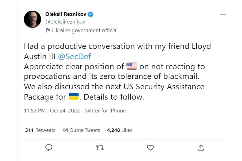 Ukraine's defence minister has confirmed that his country awaits a new Security Package from the US