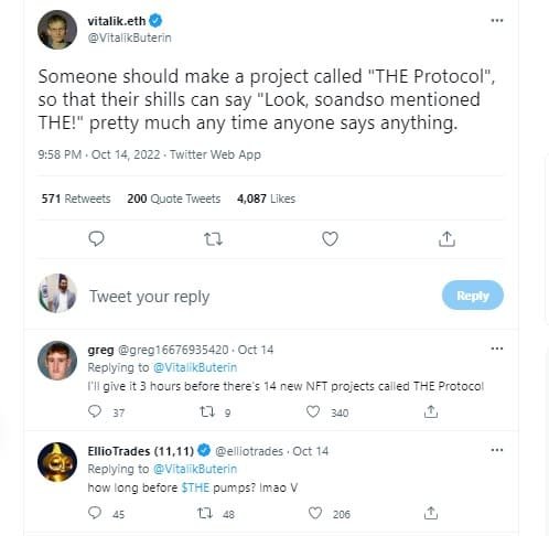 "The Protocol" (THE) was created after Vitalik Buterin tweeted about it. 
