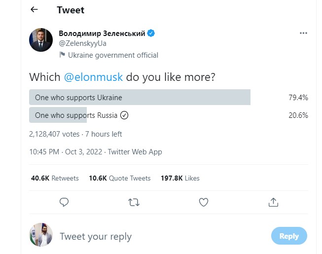 Ukraine's president Zelensky criticized Elon Musk for his tweet. 