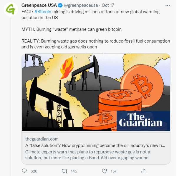 Greenpeace USA argues that Bitcoin mining is causing tons of new global warming problems in the United States.