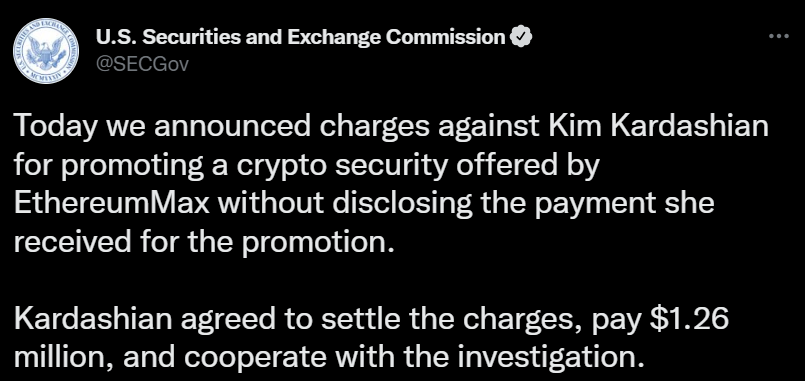 The SEC announced the action against Kim Kardashian on its Twitter page. 