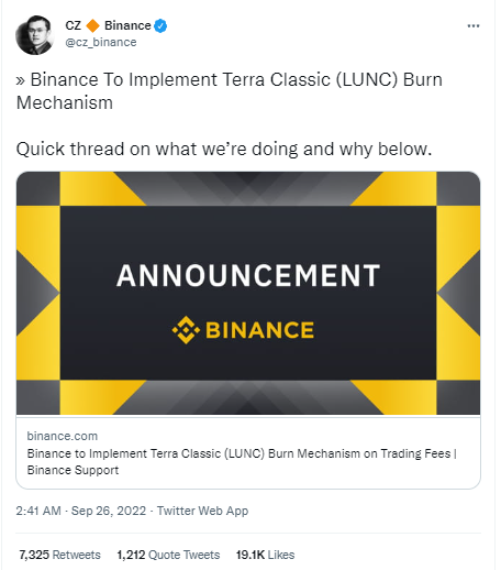 Binance to Implement Terra Classic(LUNC) Mechanism