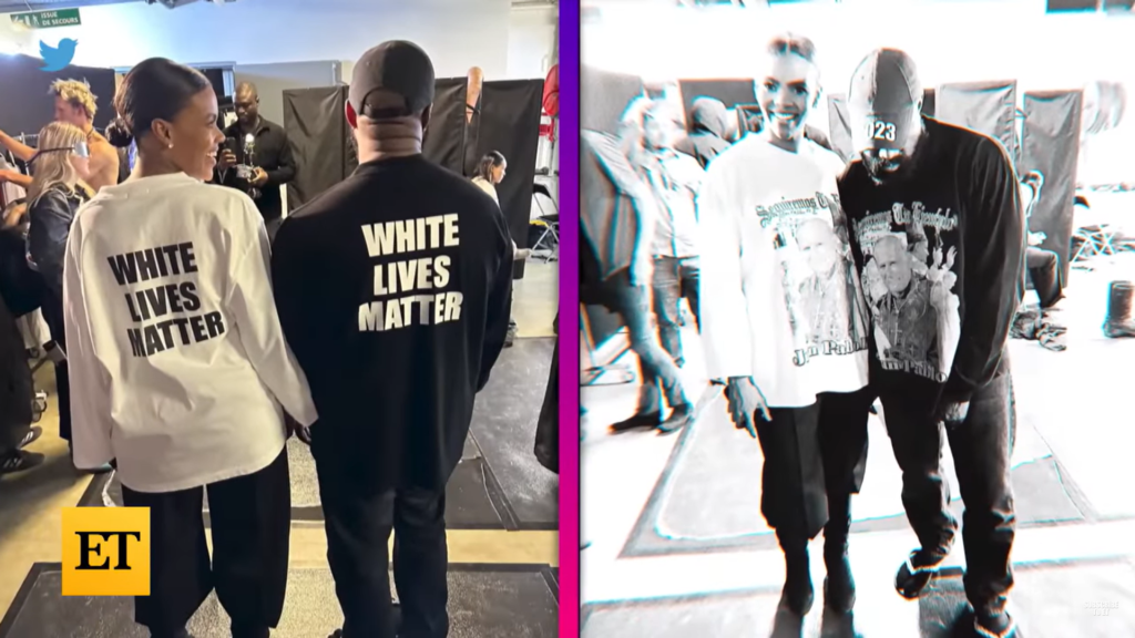 Kanye West wearing a T-shirt saying "White Lives Matter."