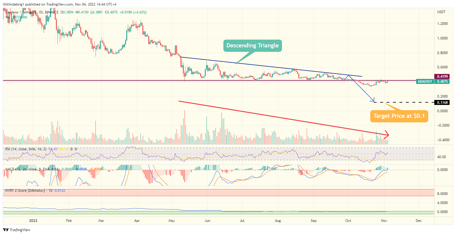 Cardano (ADA) daily chart, featuring a descending triangle. Source: TradingView.com ADA price