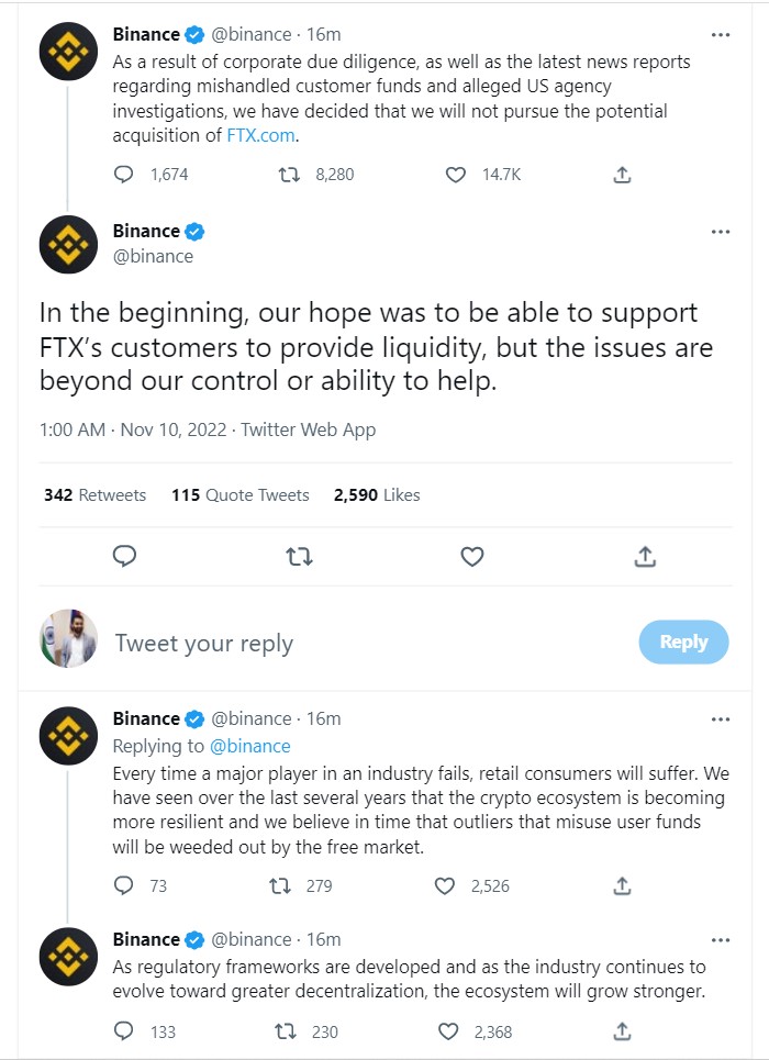 Binance will not buy crypto exchange FTX despite initial offer.