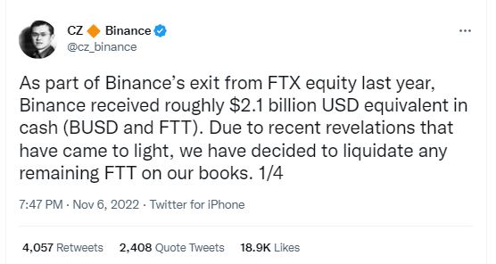 Binance, announced the company's intention to "liquidate" their FTT,