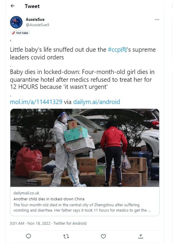 China is killing its citizens through repressive lockdowns.  The Zero Covid policy has brought suffering to the Chinese