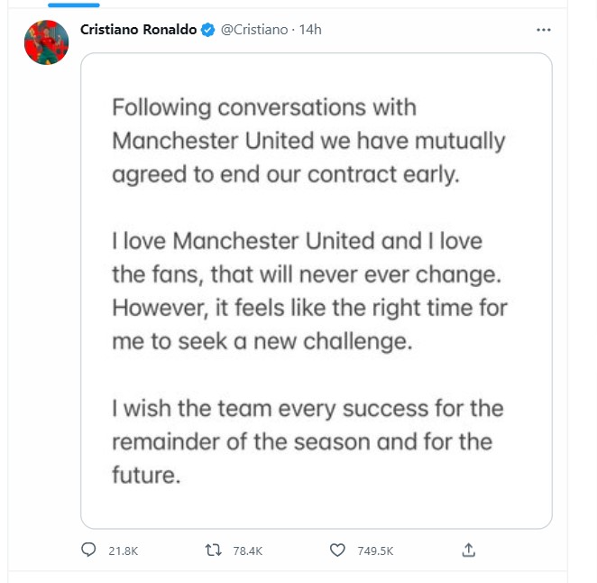 Ronaldo also confirmed his exit from MUFC in an official Twitter post. 