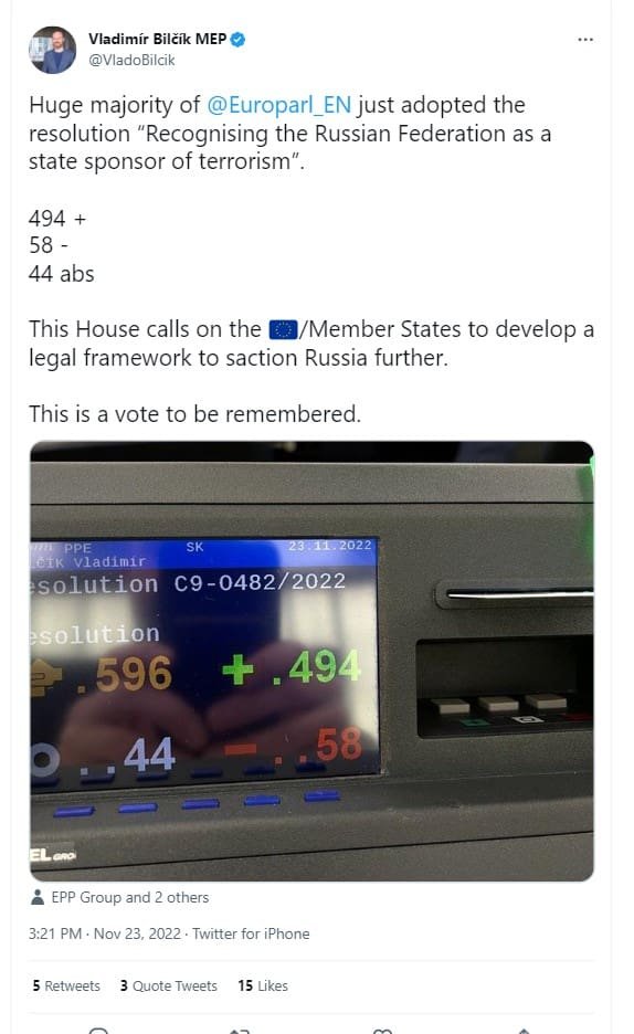 European Parliament voted to declare Russia a 'state sponsor of terrorism
