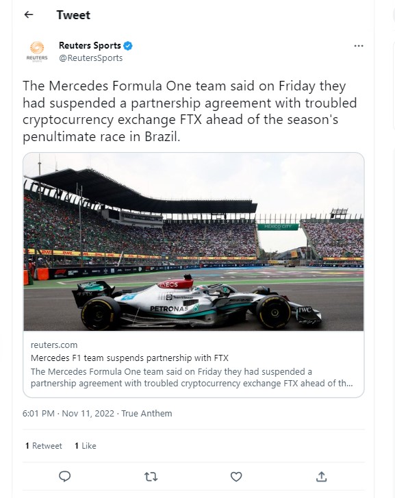 The Mercedes F1 team has suspended its partnership with the defunct FTX exchange