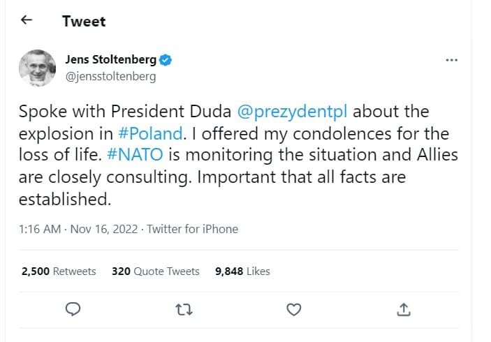 NATO general secretary has contacted Polish authorities after the Russian missile attacks