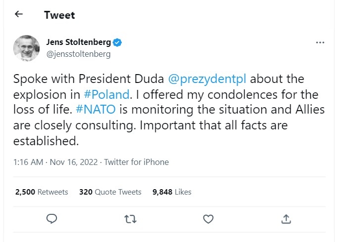 NATO general secretary has contacted Polish authorities after the Russian missile attacks