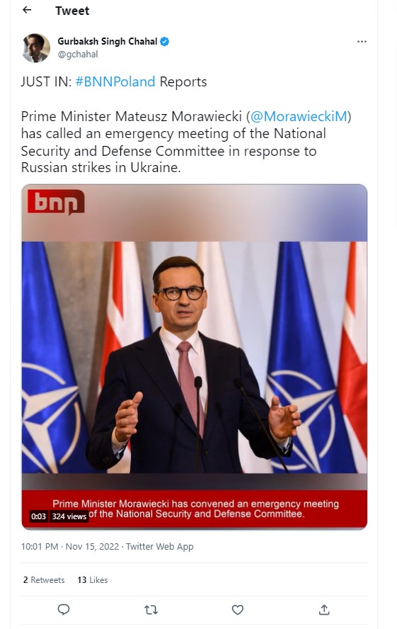 Polish Prime Minister Mateusz Morawieckhas summoned an emergency meeting of the national security council and his cabinet after Russian attack on Poland killed two people