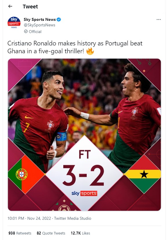 Portugal beat Ghana 3-2 in the FIFA World Cup