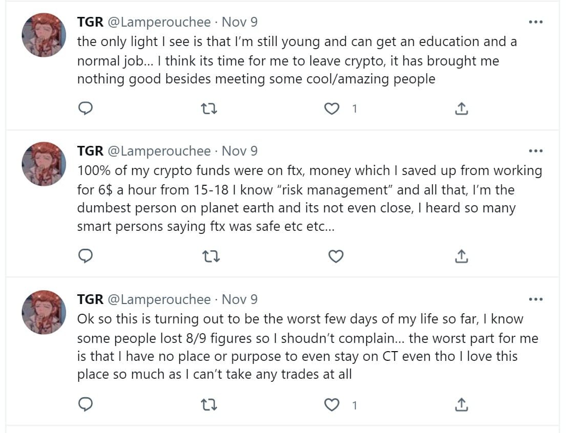 Some investors are devasted as a result of losing their savings in the FTX collapse.