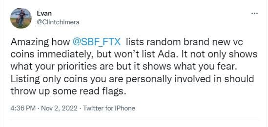 Cardano ADA FTX listing Sam bankman fried