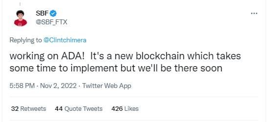 ADA price Cardano Sam Bankman Fried FTX listing