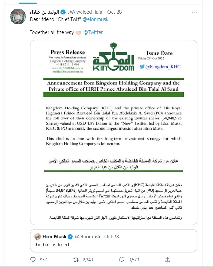 Saudi Prince Alwaleed Talal is a major investor in Twitter as US Authorities may investigate Elon Musk on his recent Twitter takeover. 