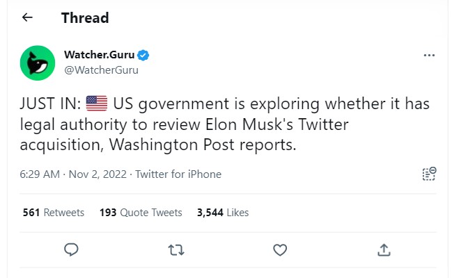 The US Treasury Department may review Elon Musk's Twitter acquisition. 