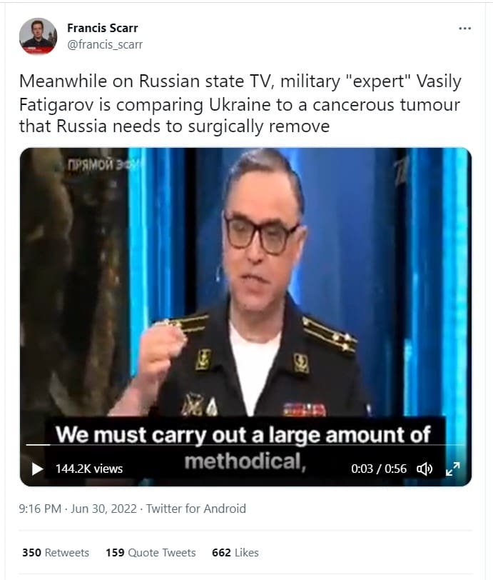 Russian military expert says Ukrainians are like a tumor that needs to be cured