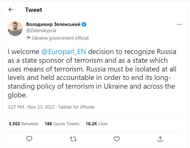 Ukrainian President Volodymyr Zelensky welcomed the European Parliament's resolution 