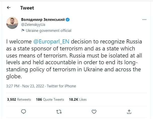 Ukrainian President Volodymyr Zelensky welcomed the European Parliament's resolution 