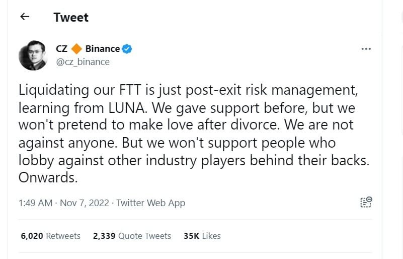 Binance CEO Changpeng Zhao is liquidating his FTT holdings amid a tussle withSam Bankman-Fried
