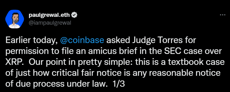 Coinbase's legal chief shared details of the firm's amicus brief on Twitter