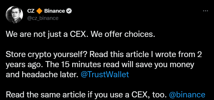 Binance's CEO CZ Zhao called on traders to take personal control of their crypto assets.