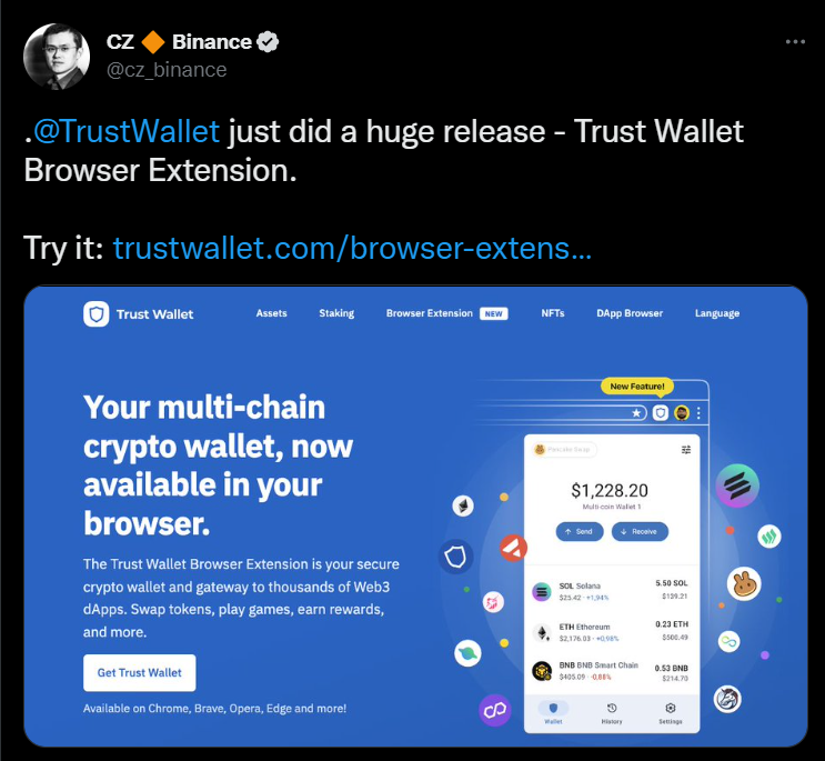 CZ took to Twitter to announce the Trust Wallet browser extension