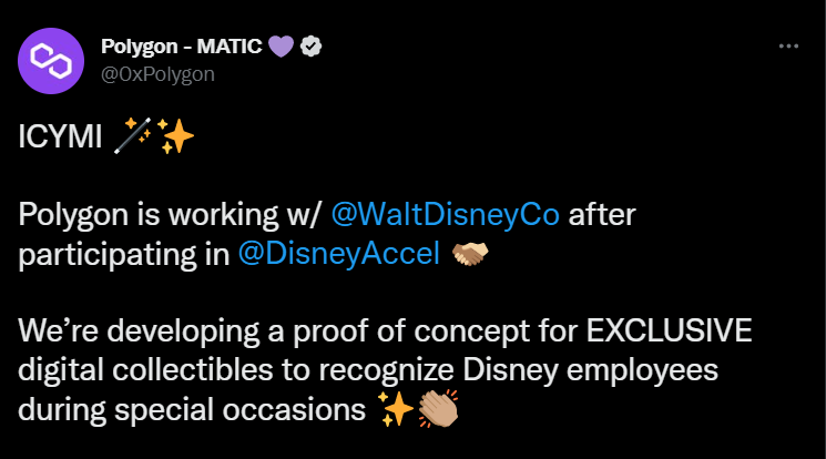 Polygon announced it was working with Walt Disney after participating in the Accelerator program.