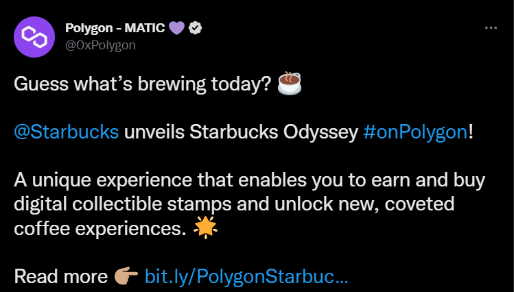 Starbucks would use Polygon blockchain for its Web3 project Starbucks Odyssey