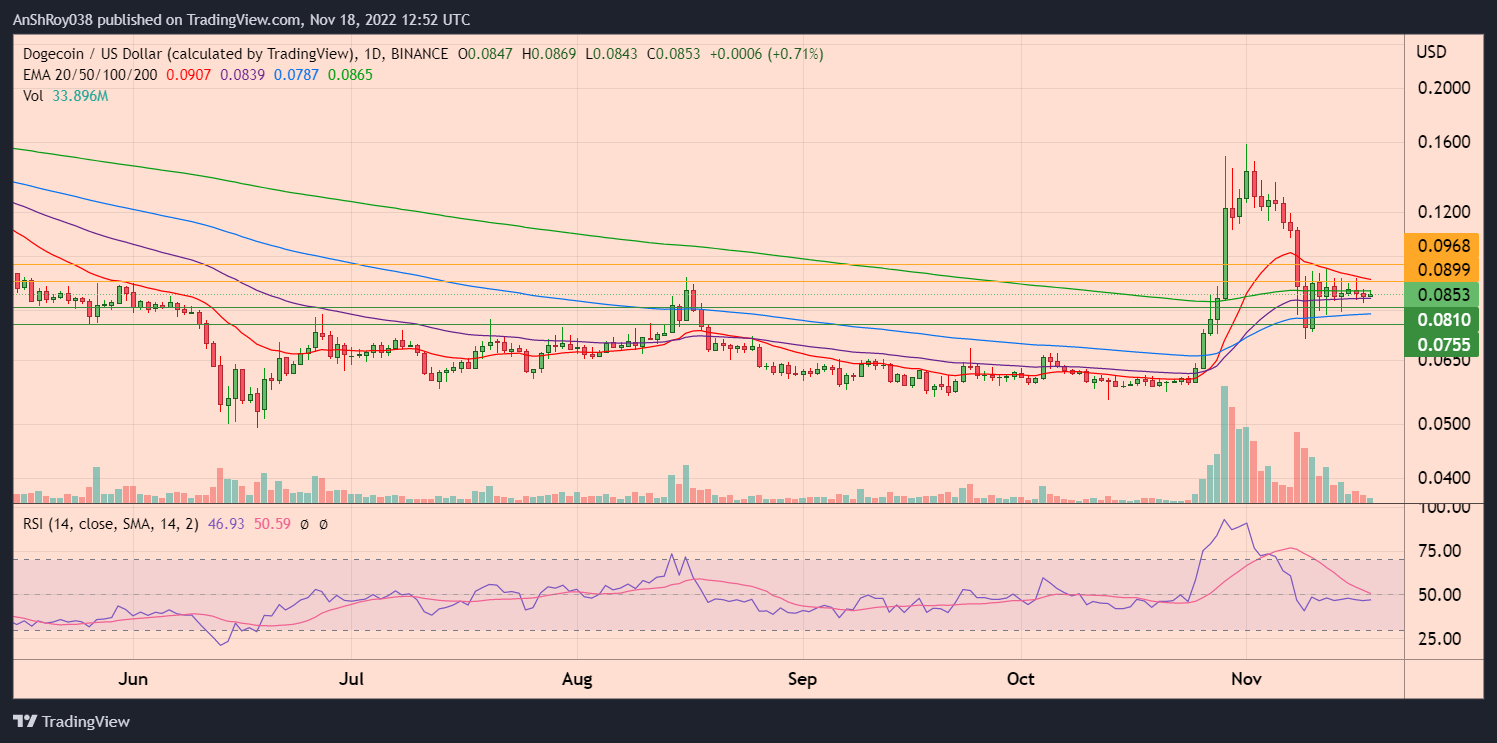 DOGEUSD daily chart with RSI.