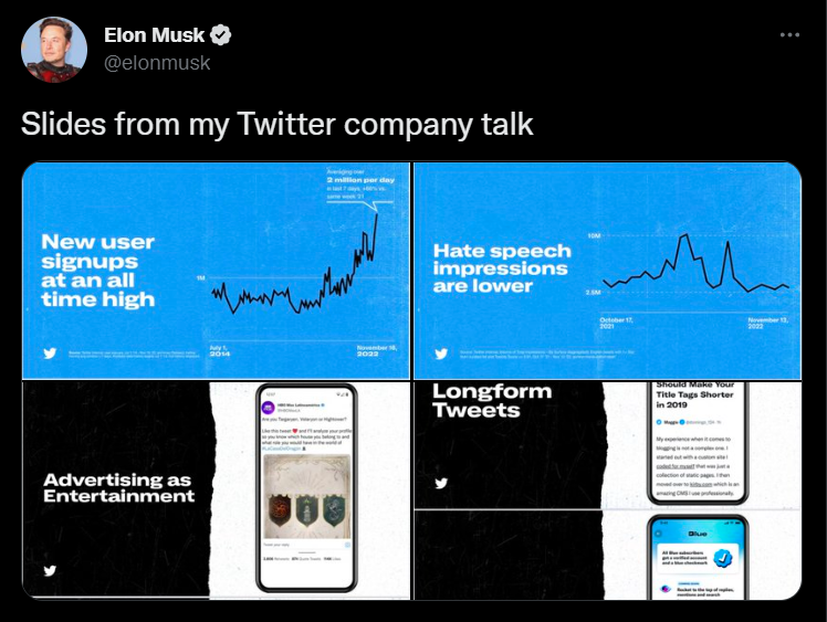 Musk shared some of the slides from his meeting at Twitter's San Fransisco headquarters