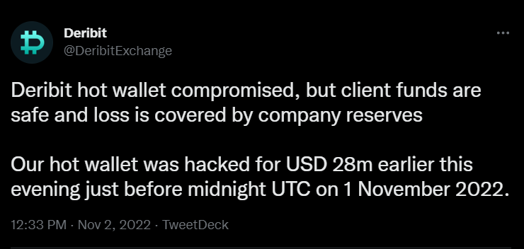 Deribit shared the announcement of the hack on Twitter.