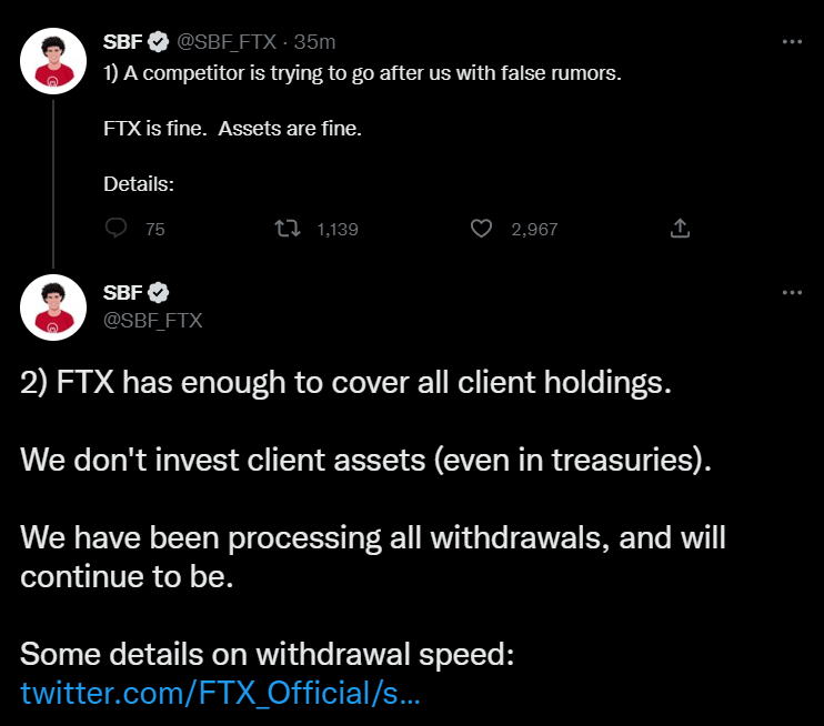 FTX Says Everything Fine: "Competitor Spreading Rumors"