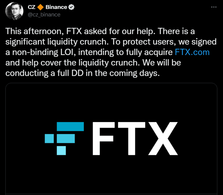Binance CEO CZ announced Binance's decision to acquire FTX.com