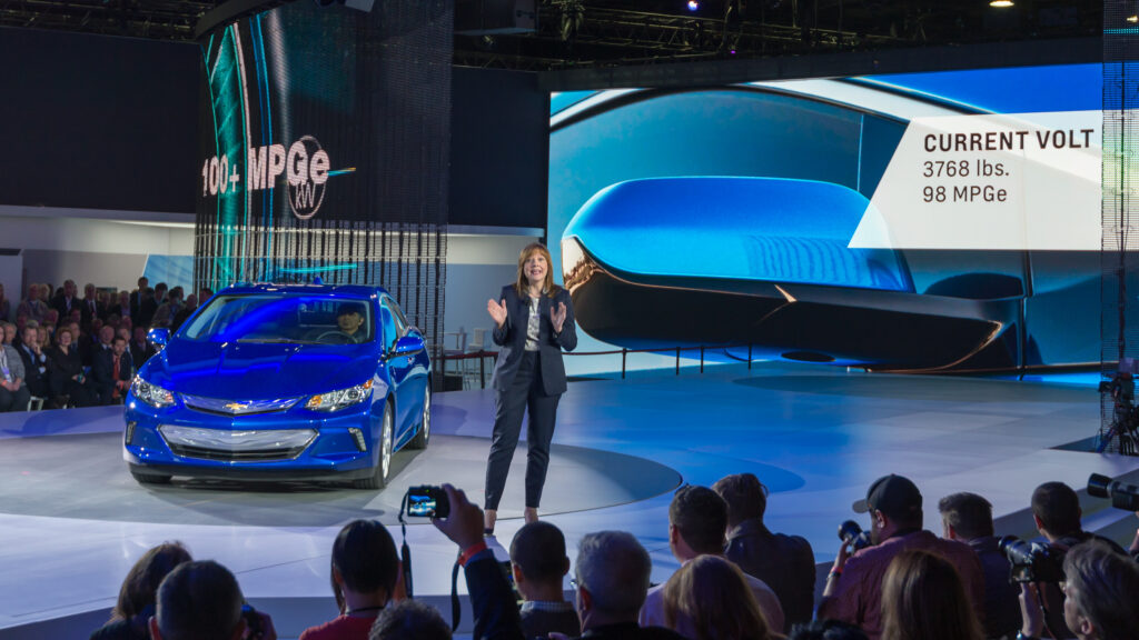DETROIT, MI/USA - JANUARY 12, 2015: GM CEO Mary Barra / 2016 Chevrolet Volt reveal at the North American International Auto Show (NAIAS).