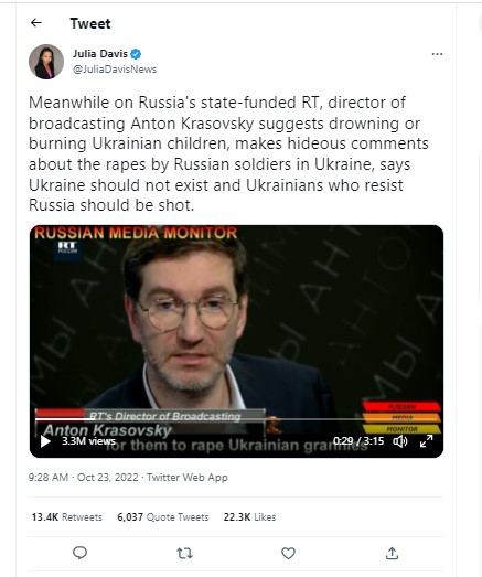 Russia Today host calls for mass-murder, genocide of Ukrainian children