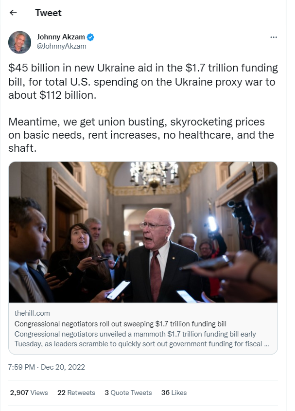 Several people have criticized the increased US funding to Ukraine by the United States Congress and Joe Biden