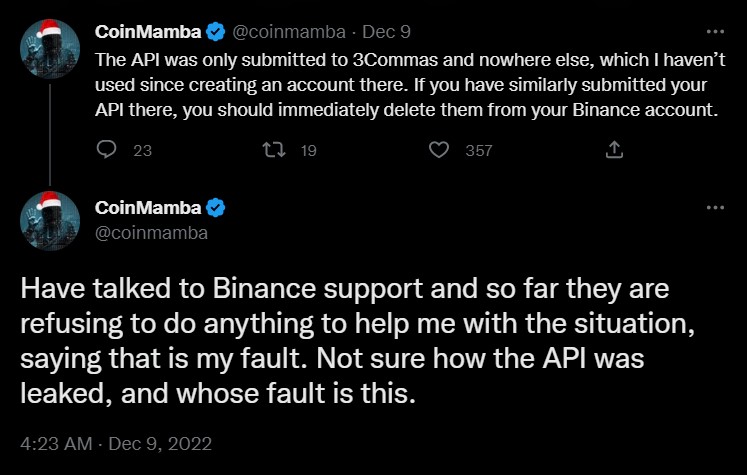 Coin Mamba said Binance refused to help recover his funds.